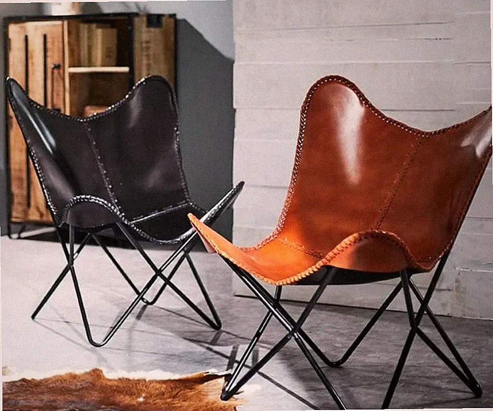 2PCS Handmade Vintage Leather Butterfly Relax Chair Lounge Accent Sling Seat