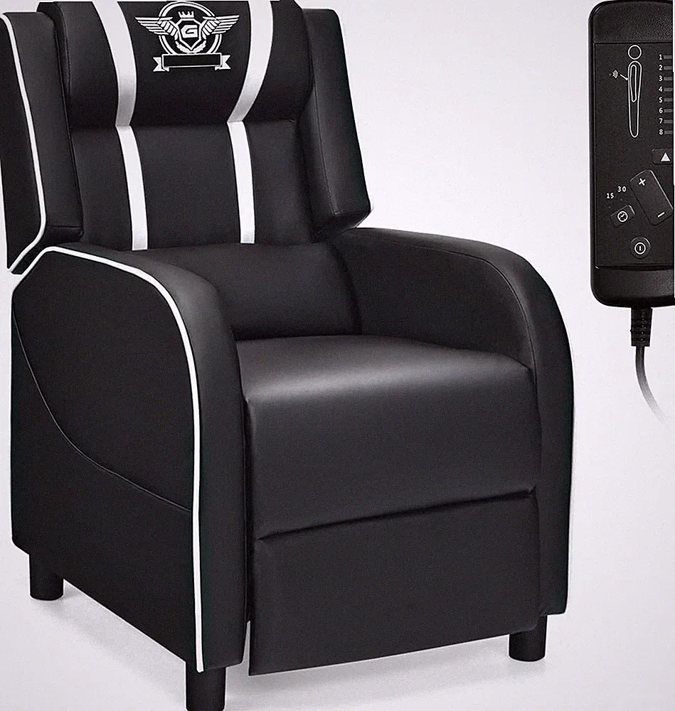 Adjustable Massage Gaming Recliner Chair with Footrest & Remote Control - White