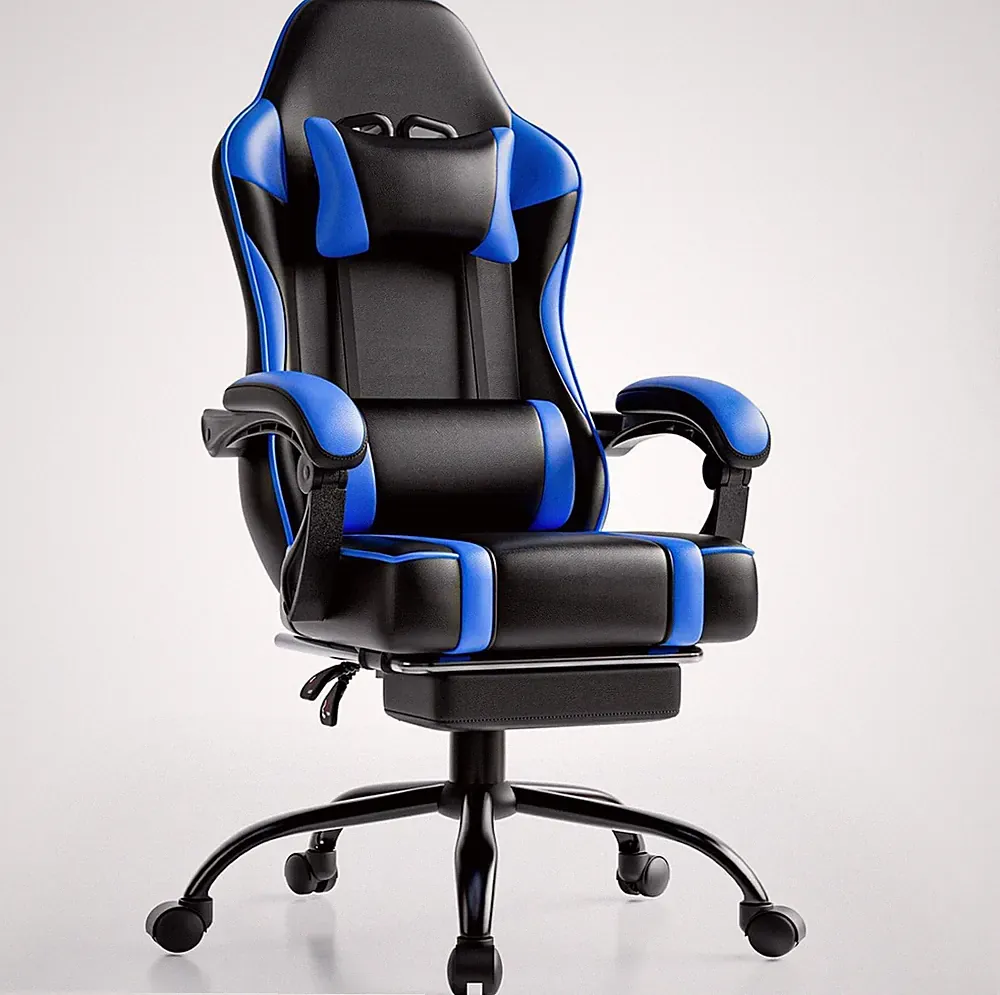 Blue Ergonomic Gaming Chair with Footrest, 360° Swivel for Heavy Adults