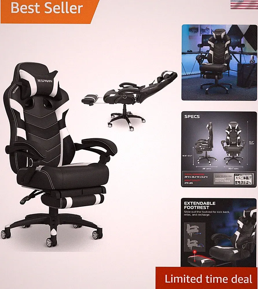Comfortable White Gaming Recliner - 110 Pro Chair with Lumbar Support & Footrest