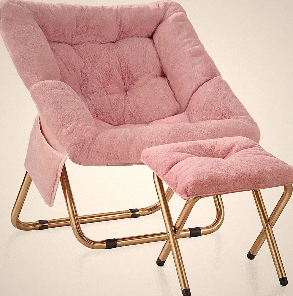 Comfy Saucer Chair, Foldable Living Room Chairs, Soft Faux Fur Lounge Chair f...