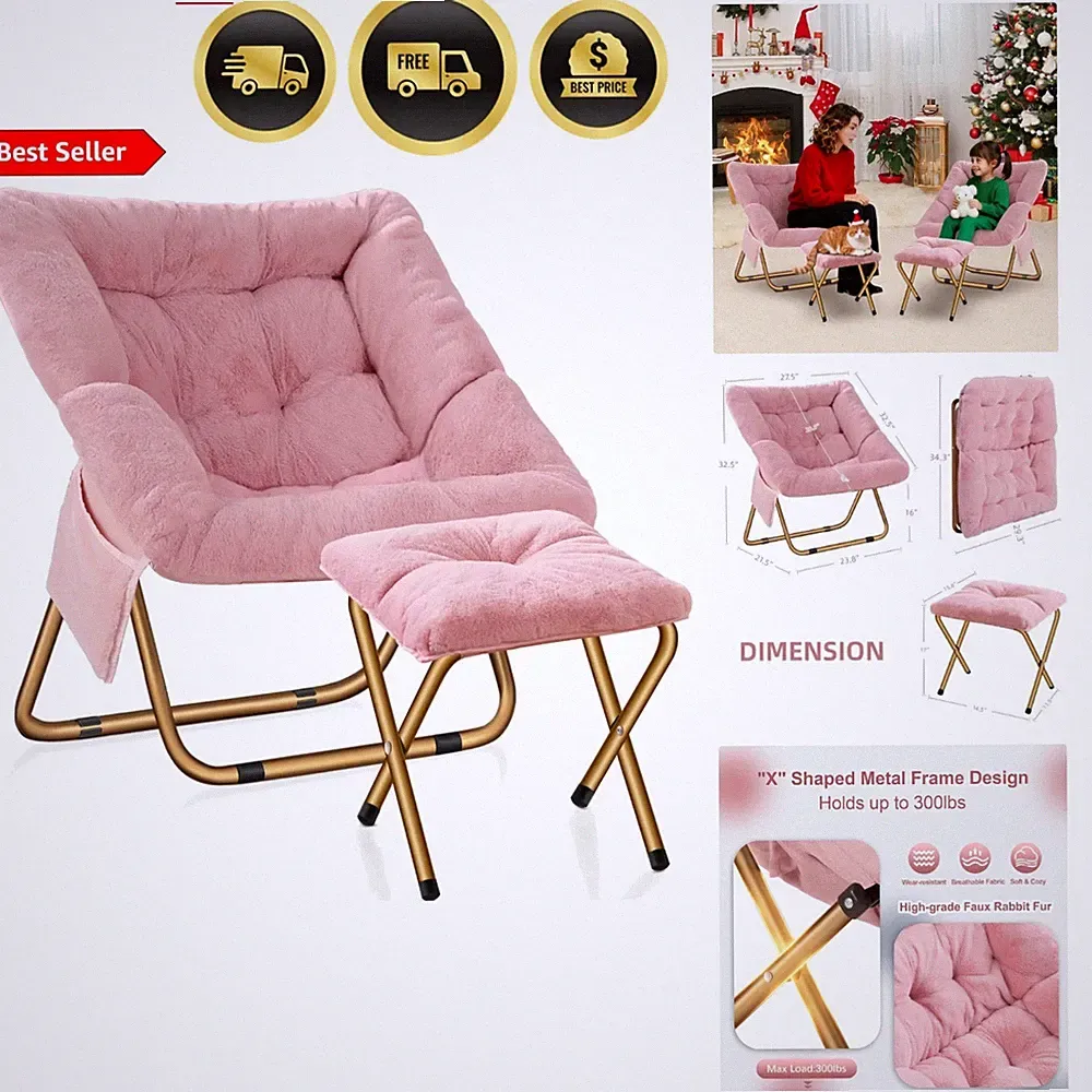 Faux Fur Lounge Chair Pink Foldable Comfy Saucer Chair for Reading Gaming
