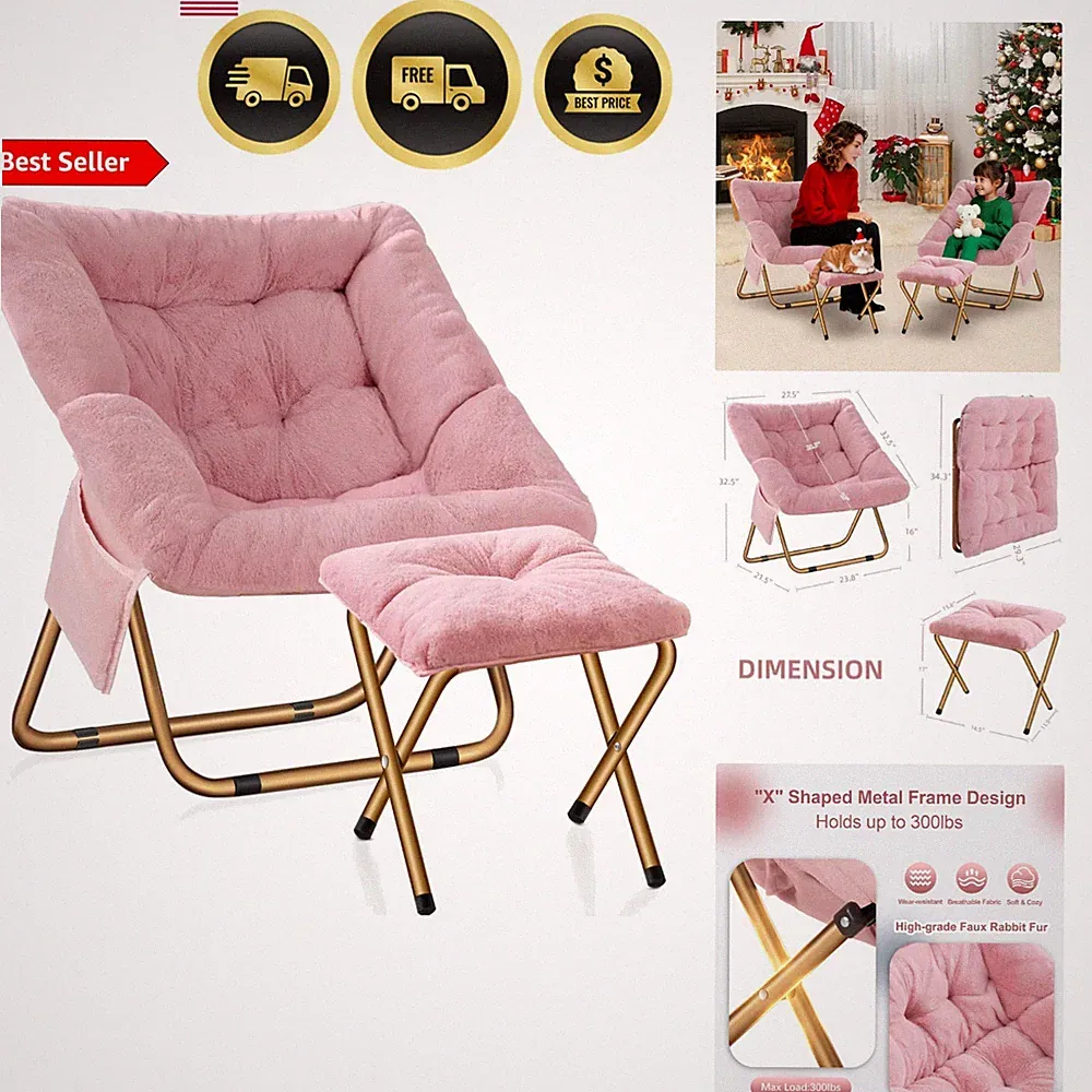 Faux Fur Lounge Chair Pink Foldable Comfy Saucer Chair for Reading Gaming