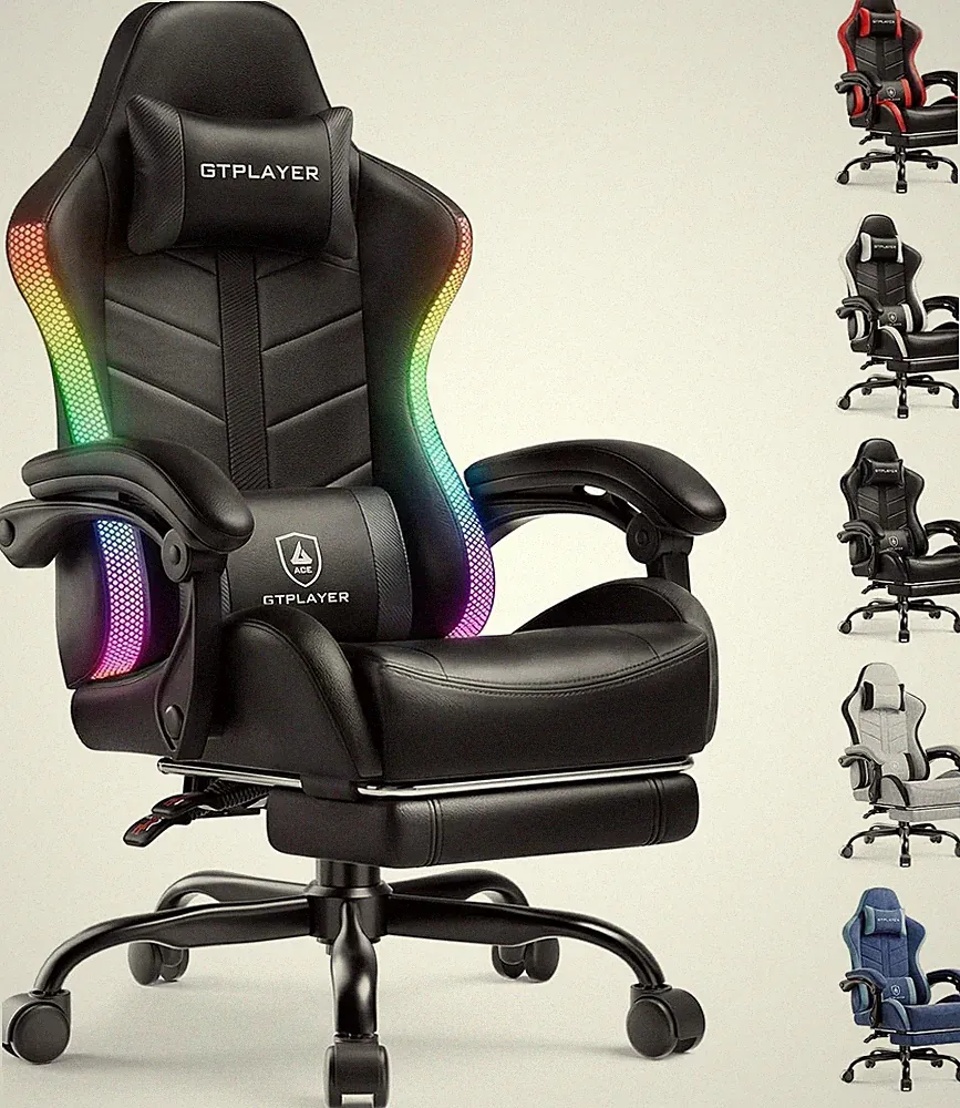 GTPLAYER RGB Gaming Chair Footrest Recline Lumbar Support Black