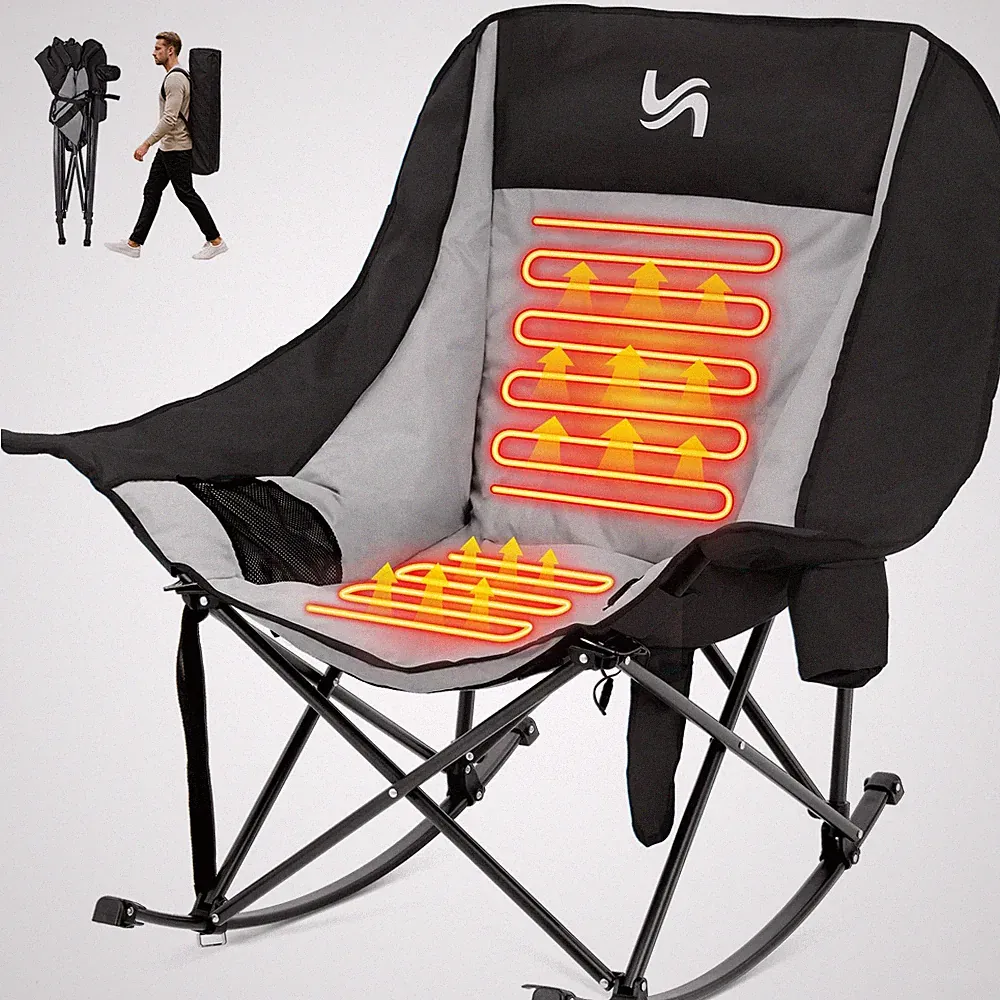 H&ZT XXL Heated Rocking Camping Chair Padded Folding Lawn Chair 3 Levels Heats