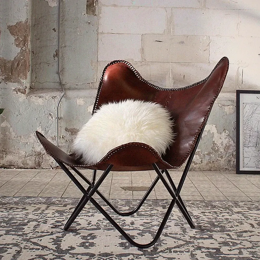 Handmade Vintage Brown Leather Butterfly Chair Home Décor with Foldable Stand
