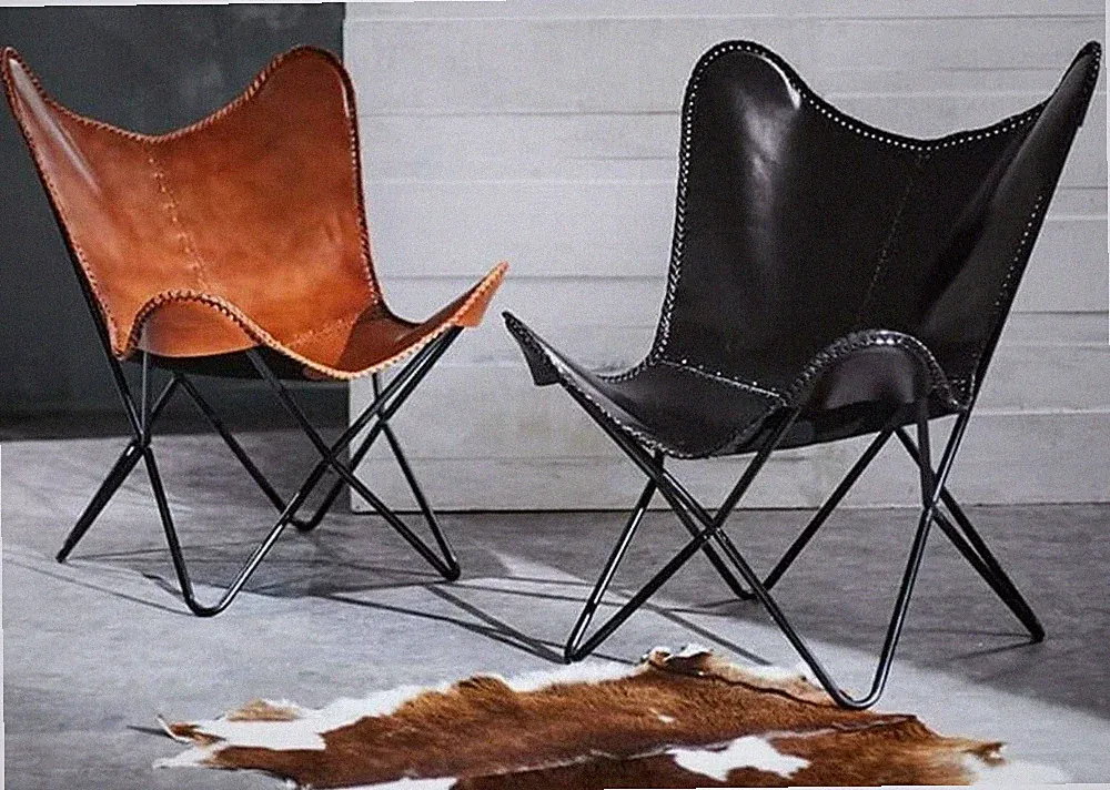 Handmade Vintage Real Leather Butterfly Relax Arm Chair Sleeper Seat Folding 2pc