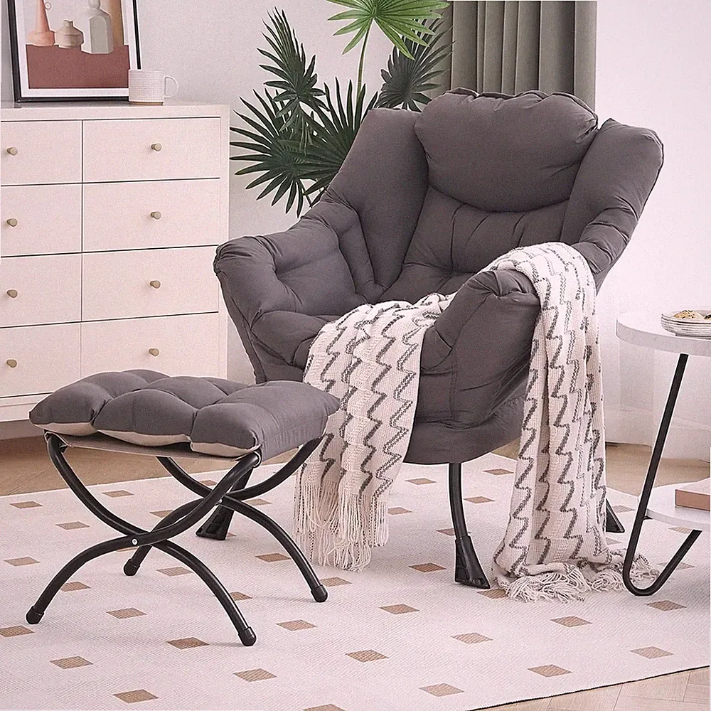 Modern Lazy Chair with Ottoman, Comfortable Accent Chair for Living Room, Grey