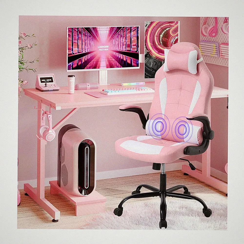 Pink Gaming Chair, Massage Gaming Chairs for Adults, Leather Computer Desk Ch...