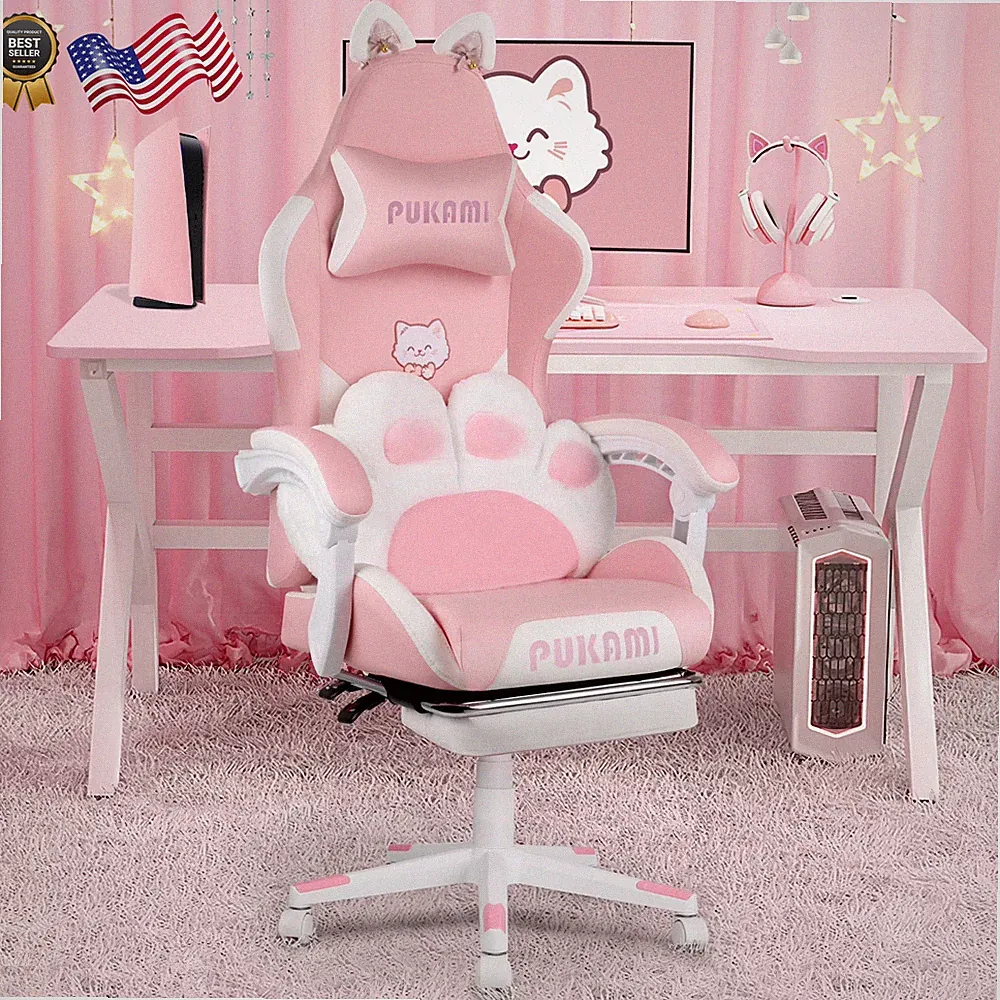 Pink Gaming Chair with Cat Paw Lumbar Cushion and Cat Ears for Girls Reclining