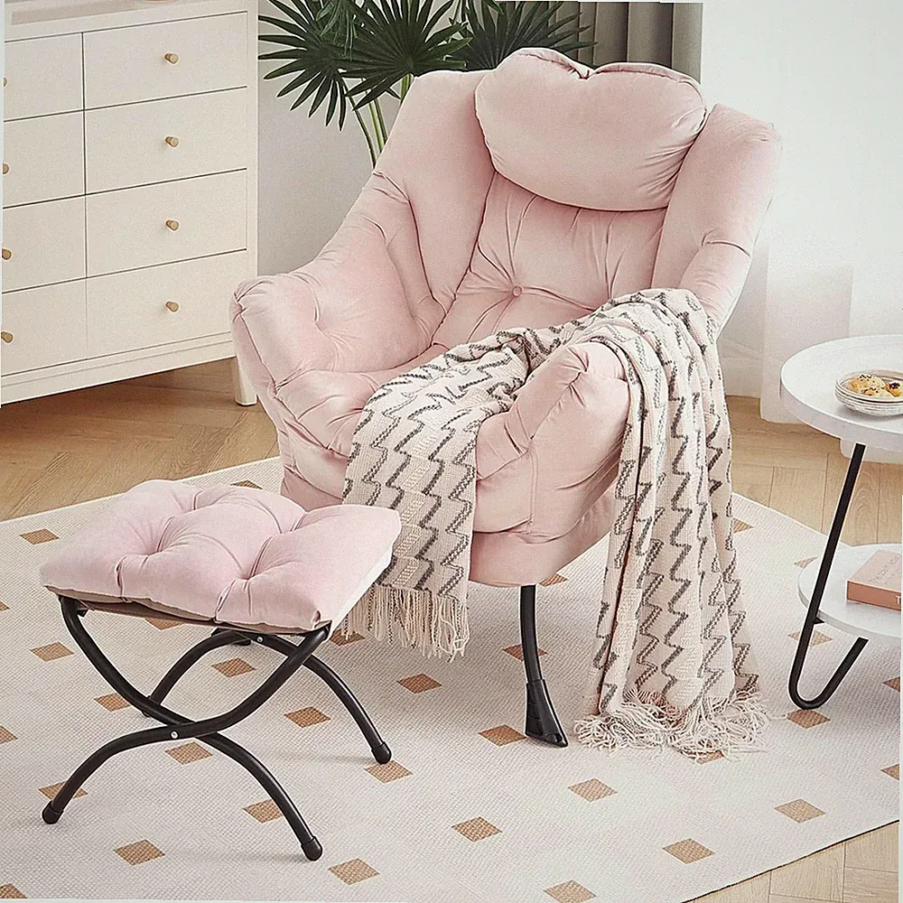Pink Lazy Chair with Ottoman, Modern Lounge Accent for Living Room & Bedroom