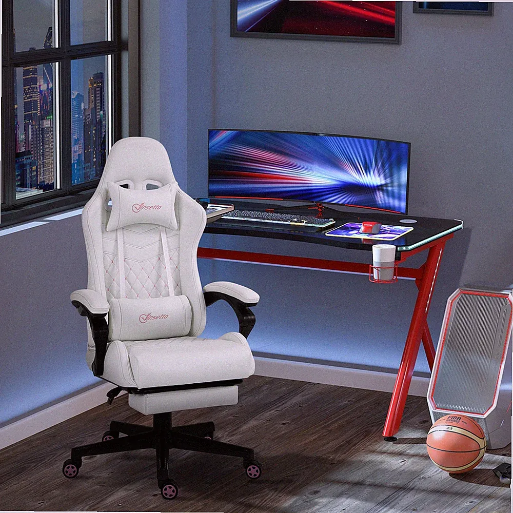 Racing Gaming Chair w/ Padded Arms, PU Leather Gamer Recliner Home Office White