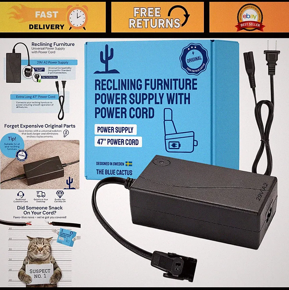 Reclining Furniture Power Supply with 47" Cord - 2-Pin Connector for Gaming Chai