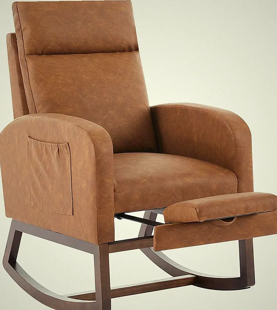Rocking Chair with Foot Rest Recliner Armchair with High Backrest Side Pocket