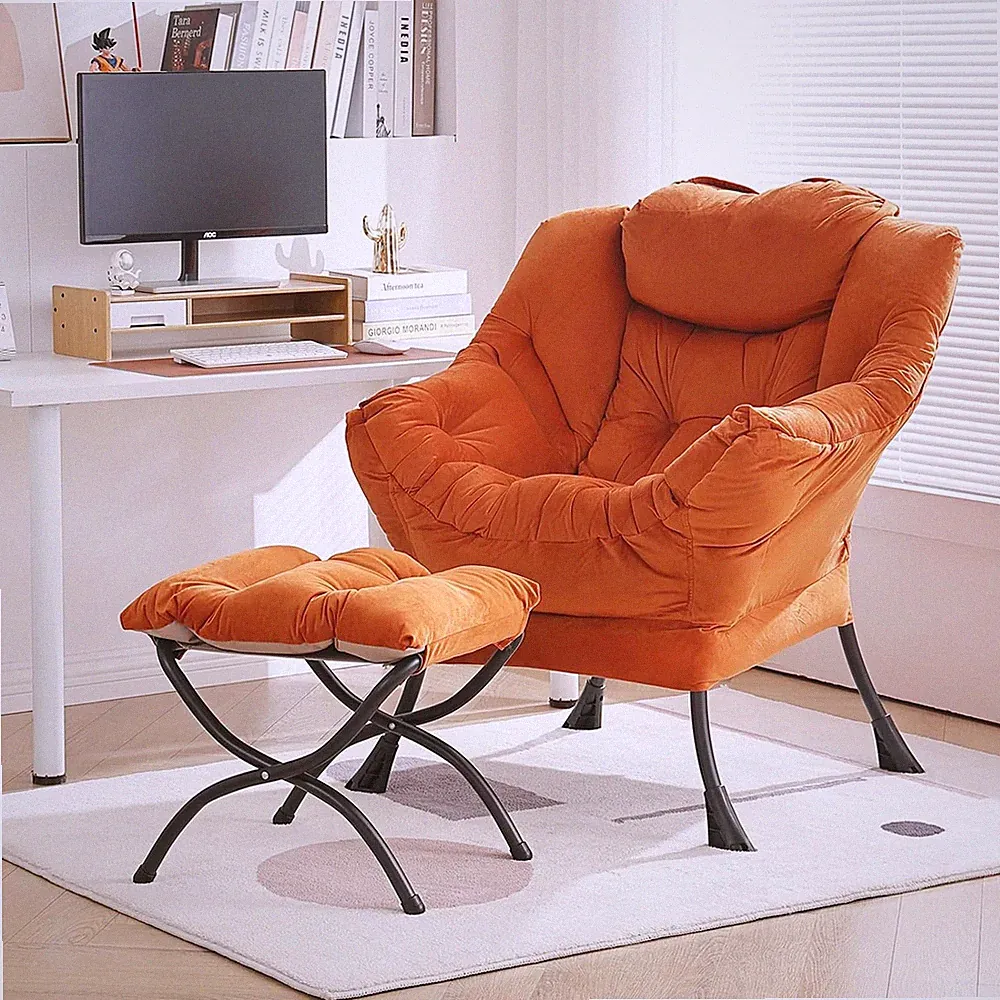 Velvet Orange Lazy Chair with Ottoman - Modern Lounge Accent for Any Room