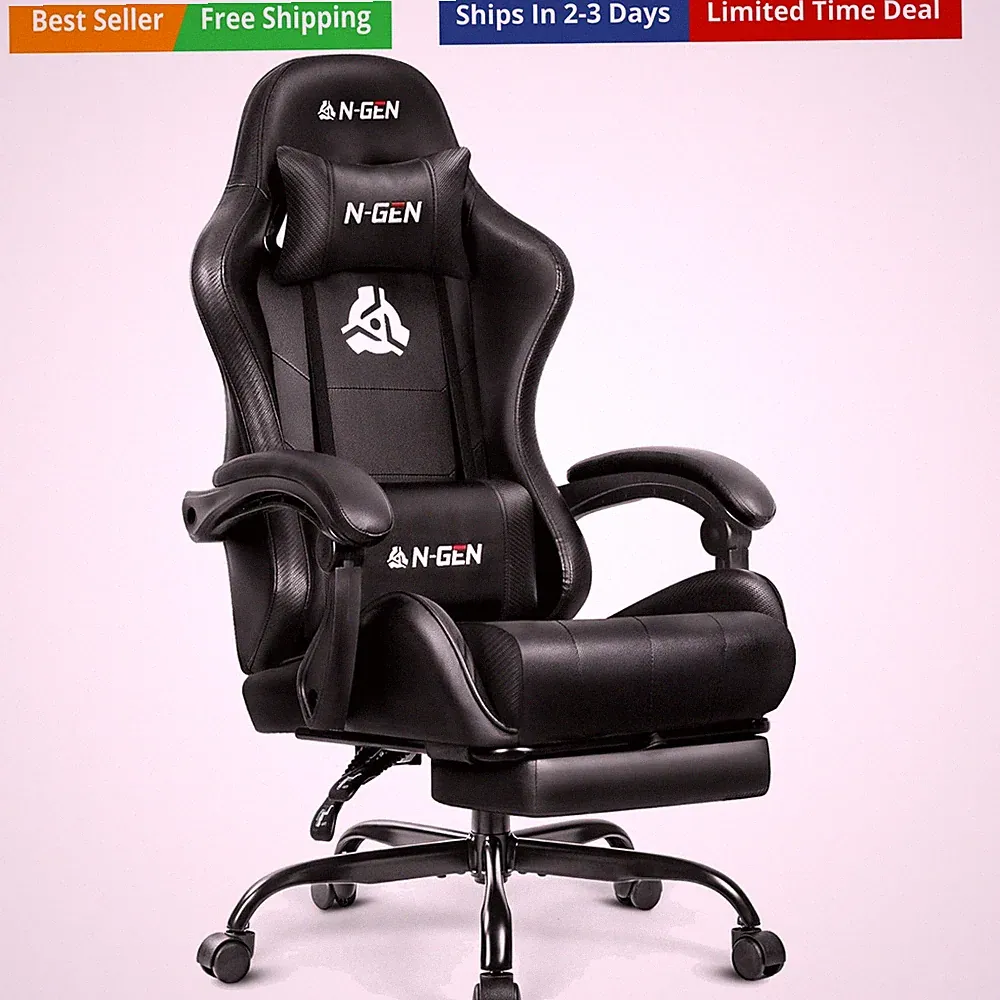 Video Gaming Chair with Footrest Lumbar Support for Home Office High Back Rec...