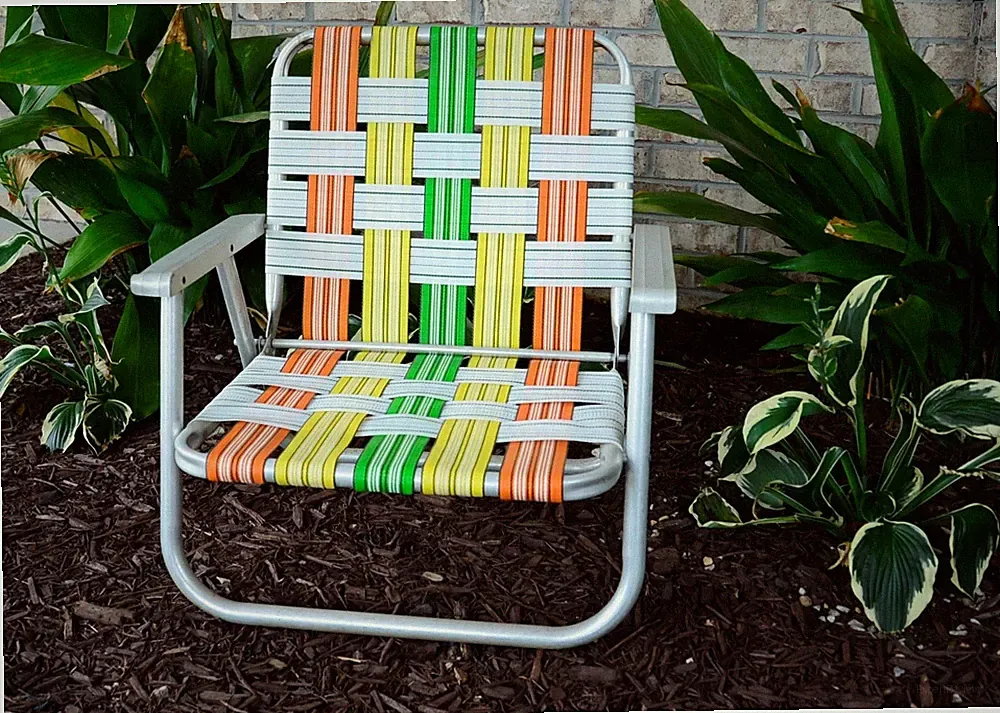 Vtg Aluminum Folding Orange Green Yellow Low Profile Webbed Lawn Beach Chair